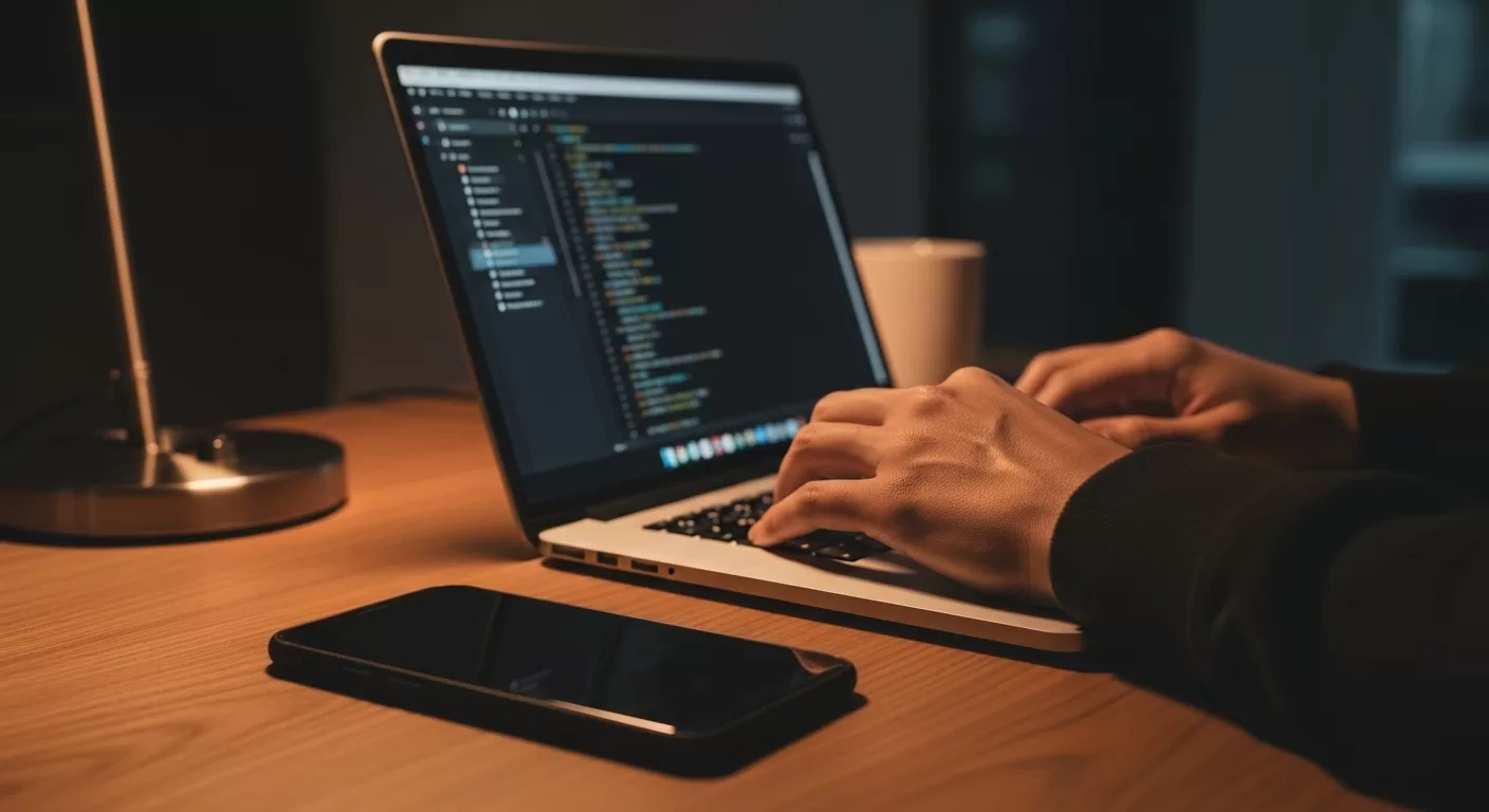 スマホを伏せて置き、ノートやパソコンで作業に集中しているデスク環境