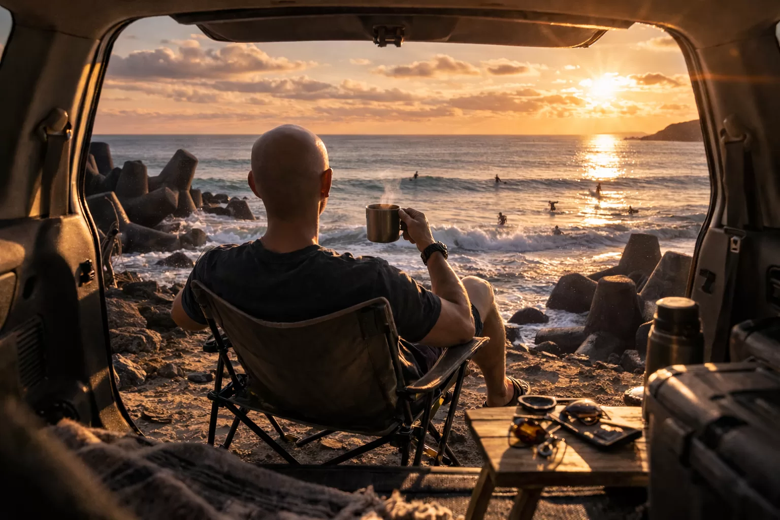 "海を見ながらコーヒーを飲んで休む生活習慣"