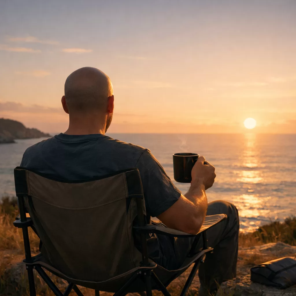 海を眺めながら椅子に座る男性の後ろ姿 静かな時間を過ごす風景
