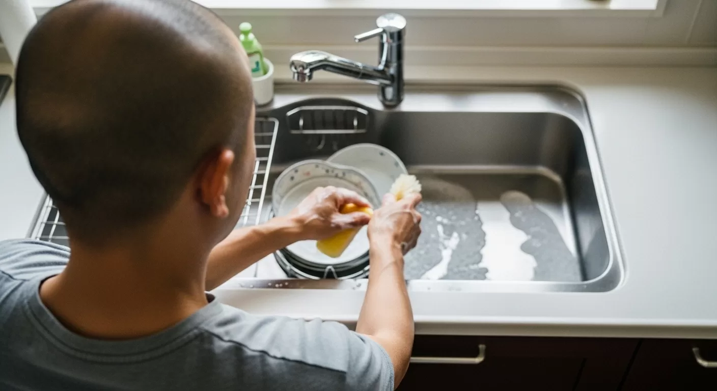 皿洗いをしながらマインドフルネスを感じる静かなキッチンの風景