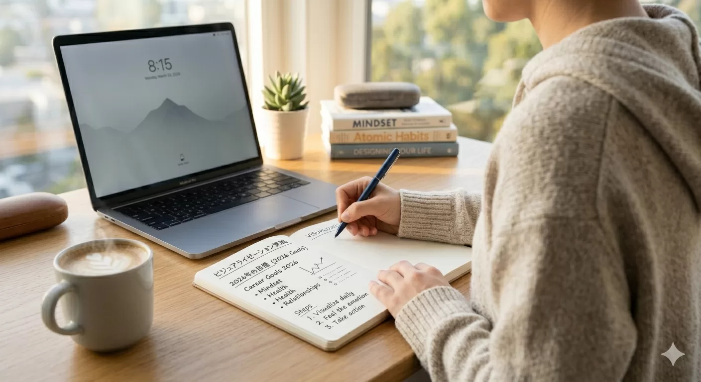 朝のデスクでパーカーを着た男性が、手帳にビジュアライゼーションの実践内容を書き込んでいる様子。横にはノートパソコンとコーヒー。