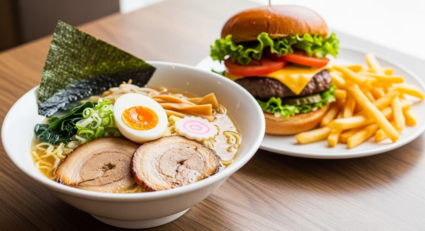室内のテーブルに置かれたラーメンとハンバーガーの写真。増量や食べ過ぎをイメージした健康記事のアイキャッチ画像
