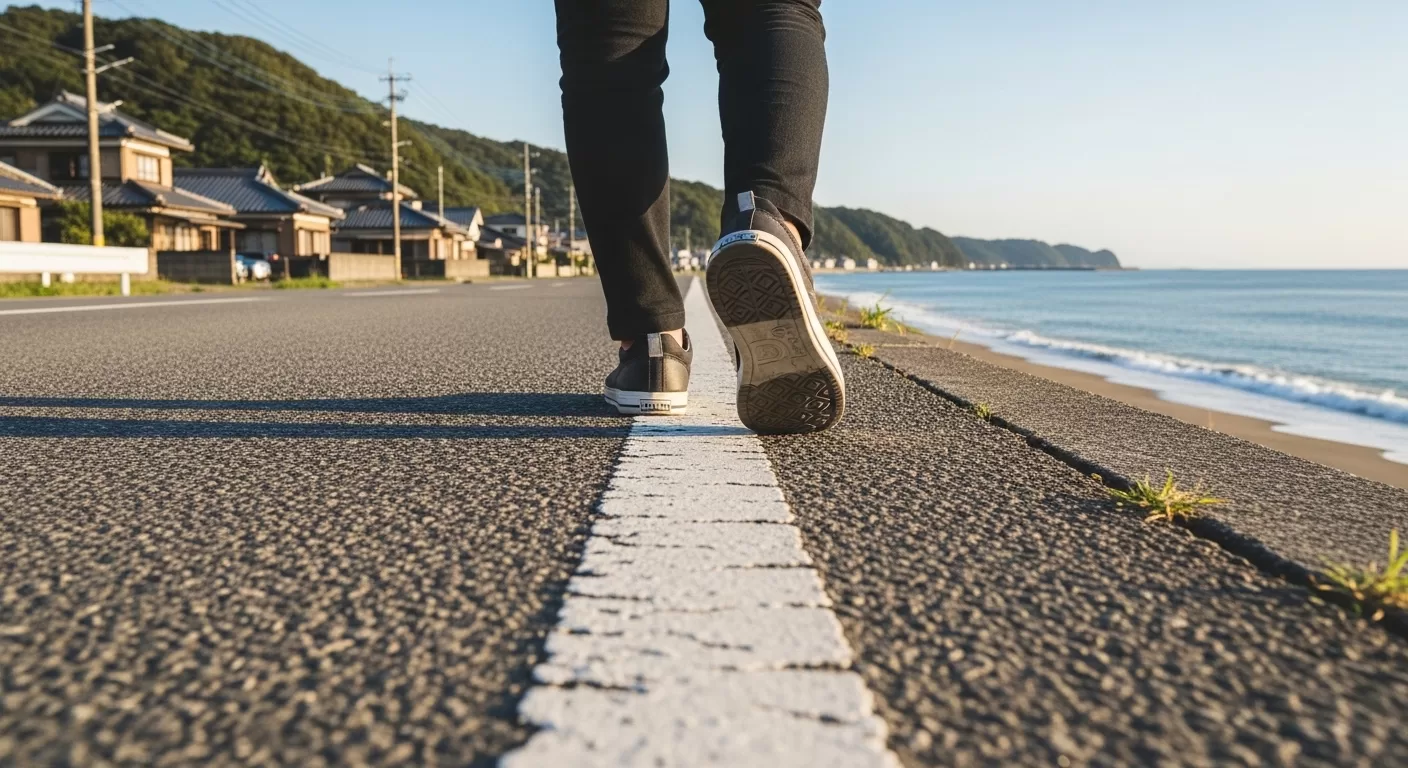 海岸線を前を見て歩く