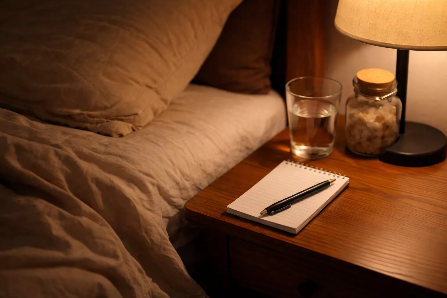 眠れない夜の寝室で、ベッドの横に置いた小さなメモ帳とペン、ぬるい照明が灯るベッドサイドの風景